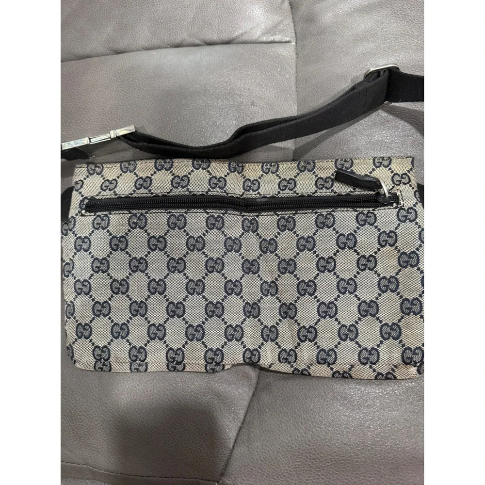 Gucci GG Monogram Canvas Waist Bag Navy Beige Black Leather 101919 1669 Italy